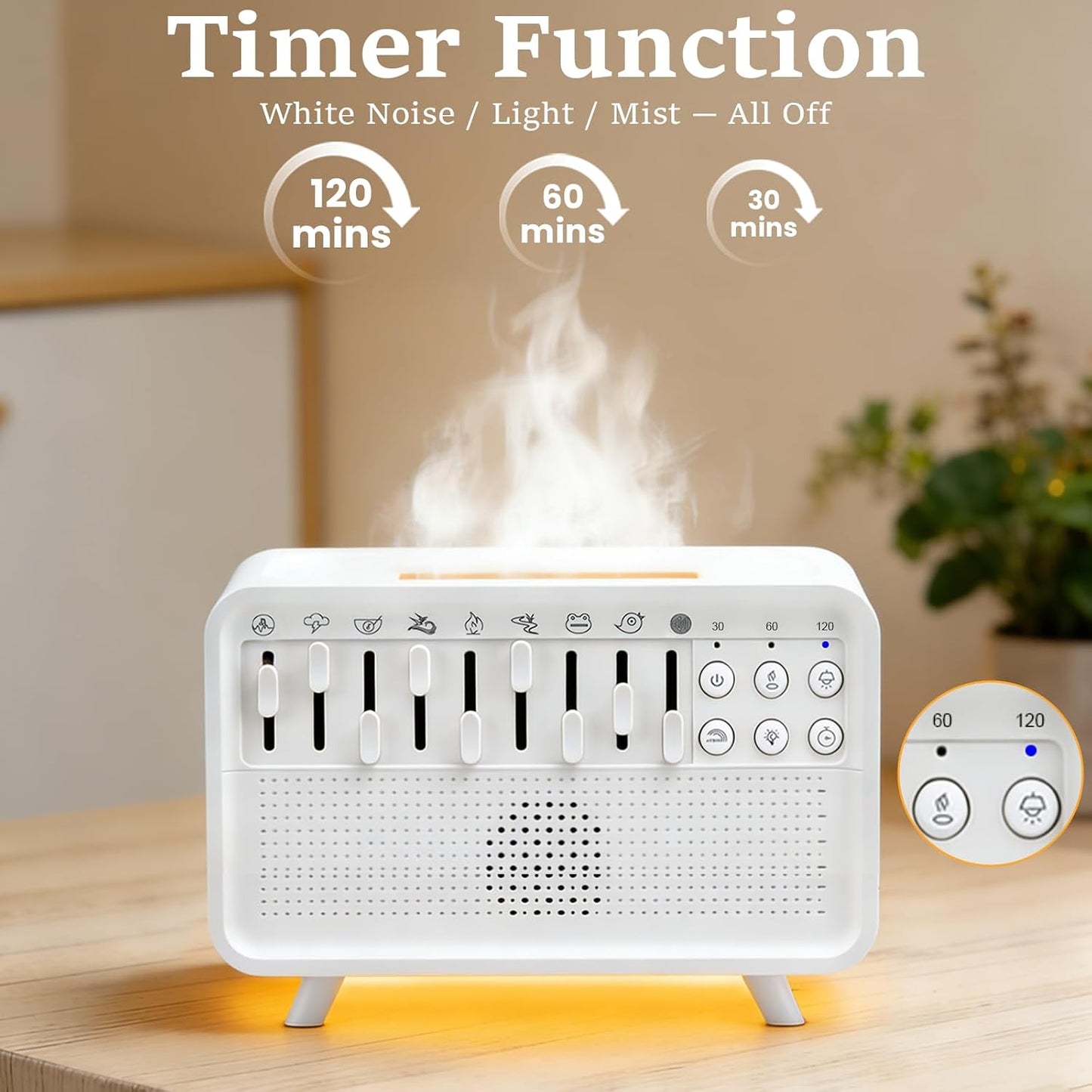 White Noise Night Light Sound Machine Humidifier 3-in-1 White Noise Machine with 8 Ambient Sounds Air Humidifier for Bedroom Powered by USB Essential Oil Diffuser for Sleeping Meditation Work