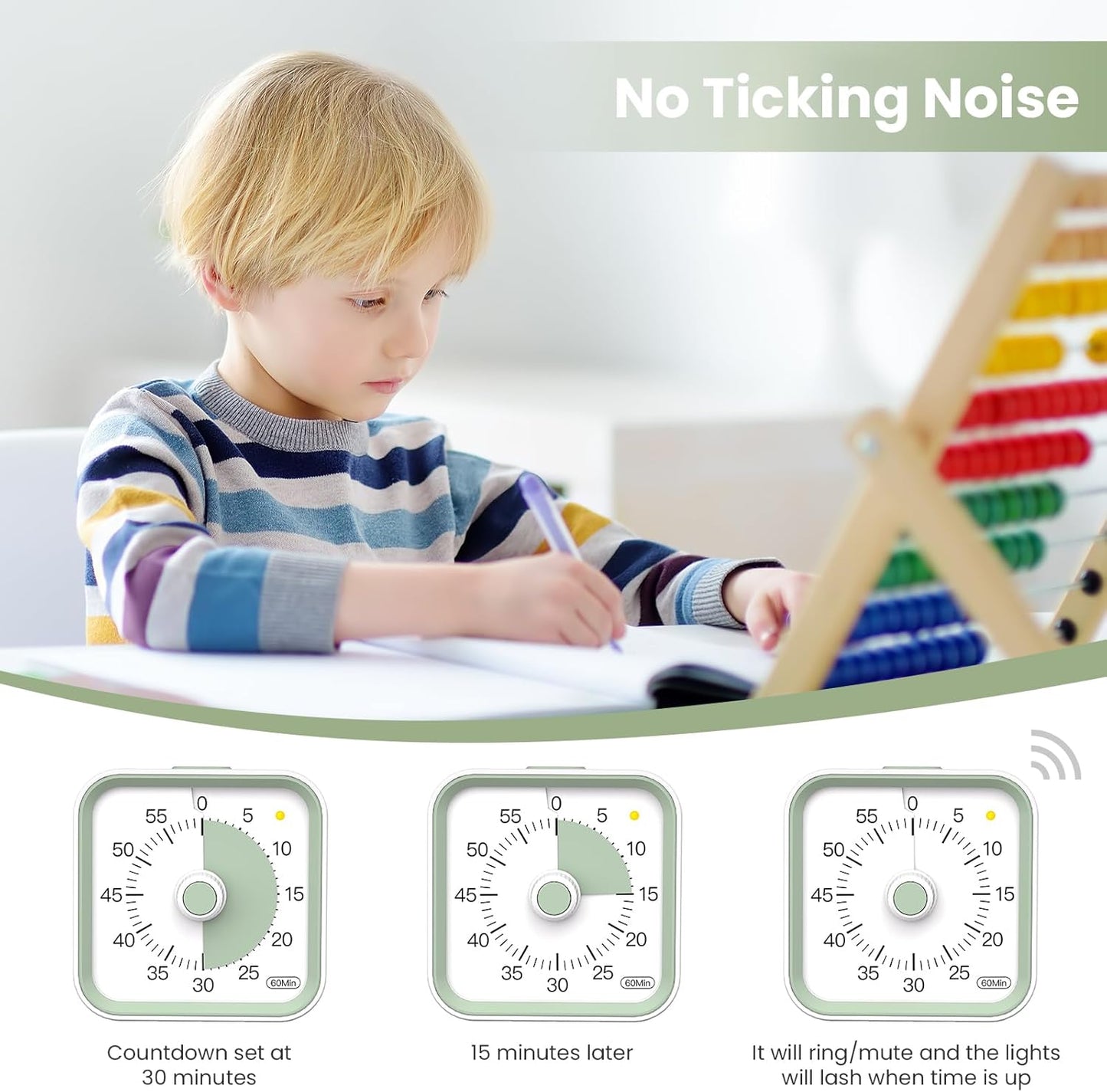 Visual Timer for Kids, Countdown Timer with Pause Function, White | Timer for Kitchen Cooking, Classroom, Study, Toddler, ADHD, Cute Timer Clock, Alarm 3 Volume Levels, Light Indicator