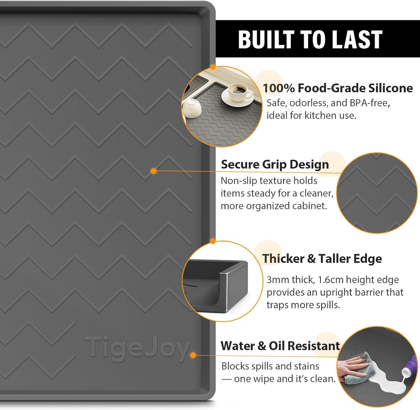 TigeJoy Under Sink Mats for Kitchen Waterproof 34" x 22", Cabinet Liner | Leak-Proof Silicone Mat Sink Protector, Kitchen Essentials Organizer and Storage,Boot or Shoe Tray, Pet Feeding Mat