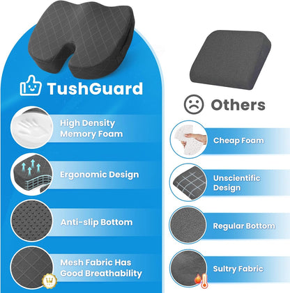 TushGuard Seat Cushion, Memory Foam Office Chair Cushion - Black, Large
