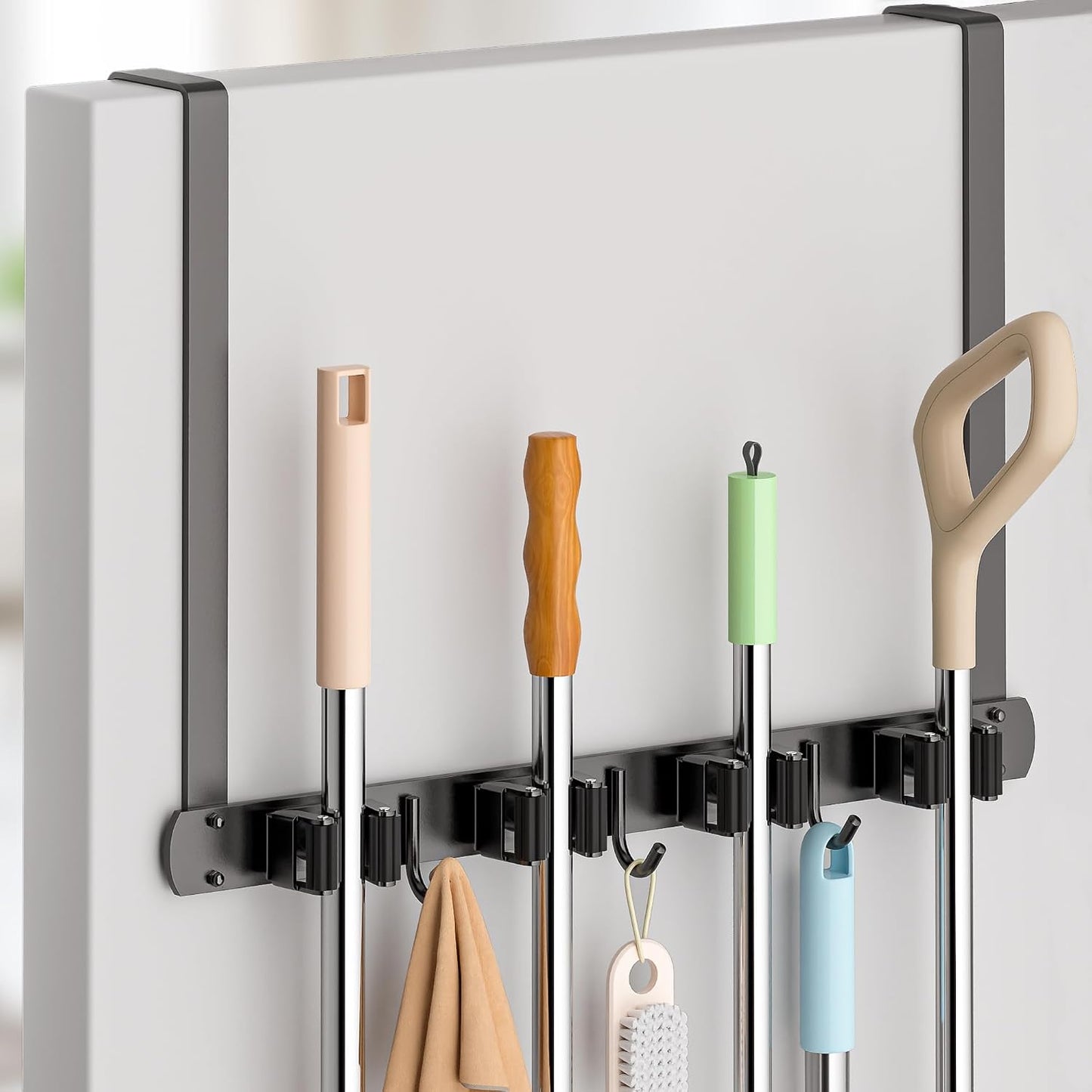 Broom Holder Over The Door with Hooks -304 Stainless Steel (Black) | Save Space, Anti-Rust & Sturdy, Mop and Broom Holder Wall Mounted or Hanging Over The Door, for Garage Laundry Kitchen