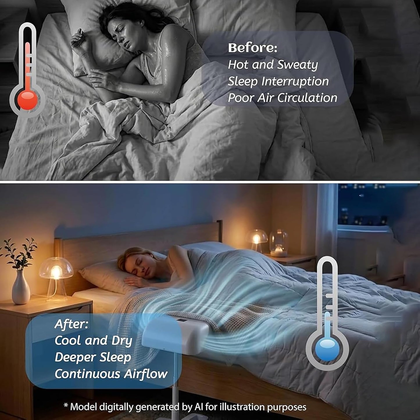 Bed Cooling Fan, Under Sheet Bed Cooling System With Adjustable Fan Speed, With 5 Speeds & Remote Control, Adjustable Height, 10000mah Rechargeable, For Hot Sleepers, Fits All Mattress Heights