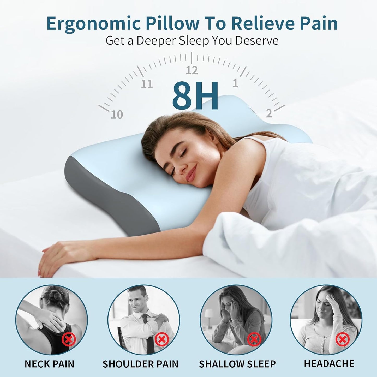 Polovo Cervical Neck Pillow for Pain Relief - Ergonomic Side Sleeper Pillow for Deep Sleep, Contour Memory Foam Pillows for Sleeping Bed Pillow for Side Back Stomach Sleepers(Grey)