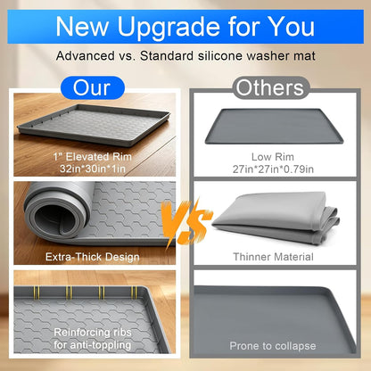 Silicone Washing Machine Drain Pan, 32"x 30" Raised Edge Drip Tray | Thickened silicone; Anti-slip & anti-vibration; Soft & foldable; Protect floors & laundry rooms; Fits most washer or dryer