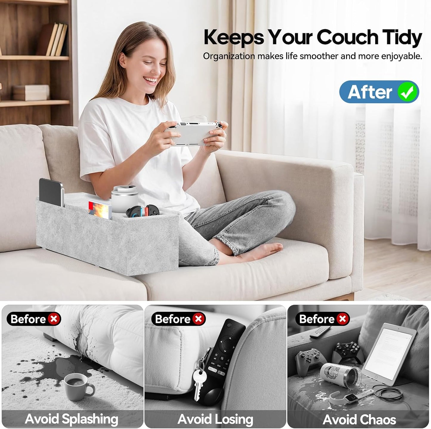 Removable Sofa Armrest Couch Caddy with Cup Holder Insert Between Cushions | Sofa Accessories Storage, Couch Armrest Pillow Table with Drink Holder