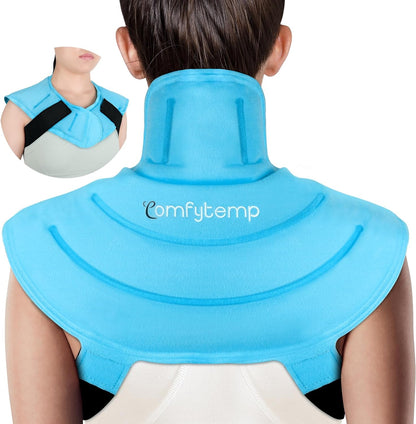 Comfytemp Large Ice Pack for Neck Shoulders Upper Back Pain Relief with Straps, Reusable Gel Ice Wrap Hot Cold Compress Therapy Recovery for Upper Back, Cervical Injuries, Rotator Cuff (Large, Blue)