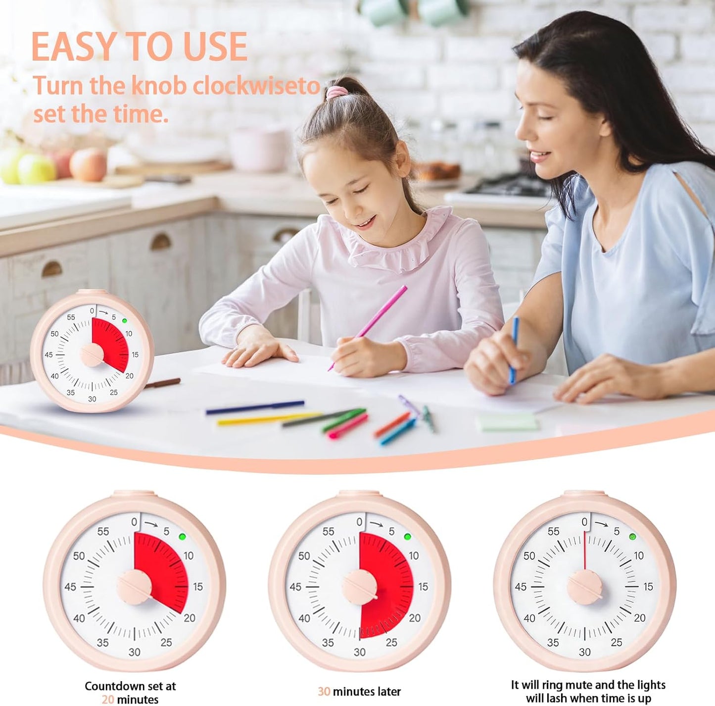 Visual Timer for Kids 60 Minute Countdown Timer Rainbow Disk Desk Timer Clock for Classroom Study Office Kitchen with Silent Operation (Purple)