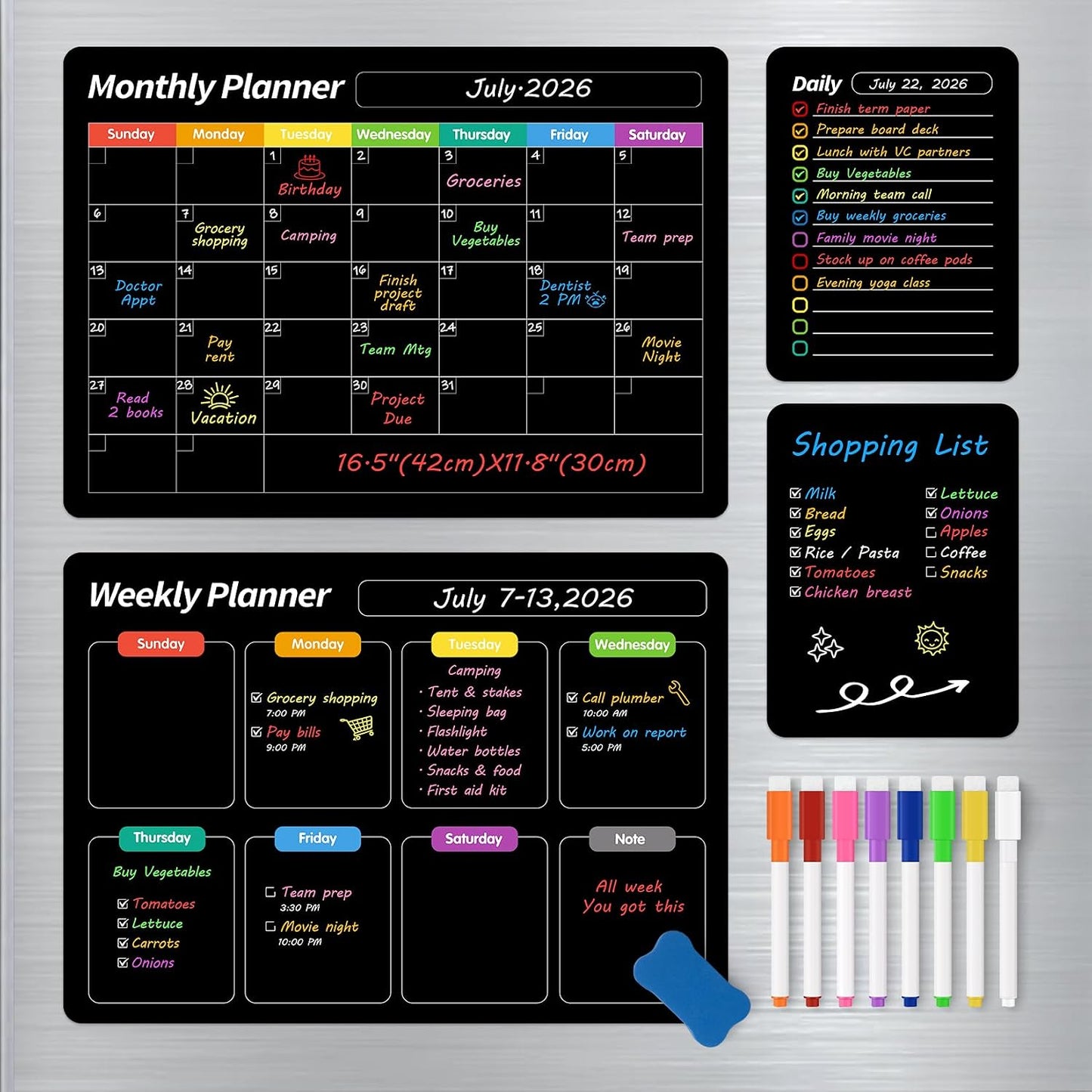 FINDMAG 4 Pack Fridge Calendar, Magnetic Calendar for Dry Erase, Black | Magnetic Dry Erase Board, Monthly Calendar for Fridge with 8 Markers & Eraser