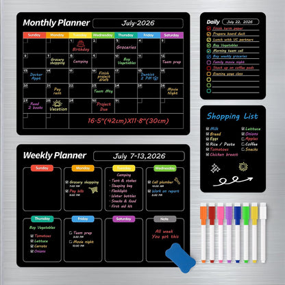 FINDMAG 4 Pack Fridge Calendar, Magnetic Calendar for Dry Erase, Black | Magnetic Dry Erase Board, Monthly Calendar for Fridge with 8 Markers & Eraser