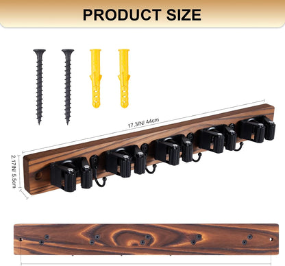 FunCee Broom Holder Wall Mount With 5 Slots & 4 Hooks，Rustic Wood Broom & Mop Hanger，Wall Mounted Garden & Garage Tool Storage Organizer Rack for Closet Laundry Room or Kitchen Wall Decor