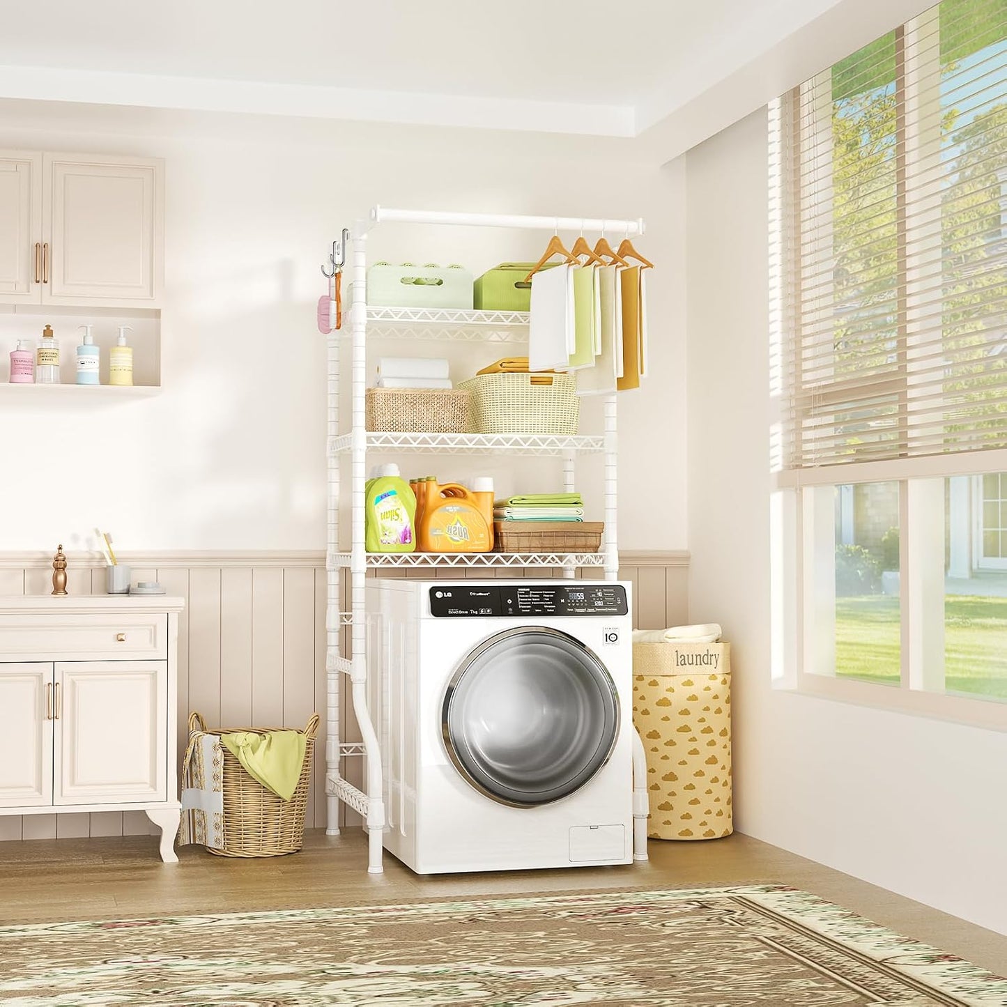 U11 Over Washer and Dryer Shelves, 3 Tiers Laundry Room Storage and Organizer Standing Shelf, Metal Freestanding Clothes Drying Rack, 33.9" W x 19.7" D x 77.6" H, Black