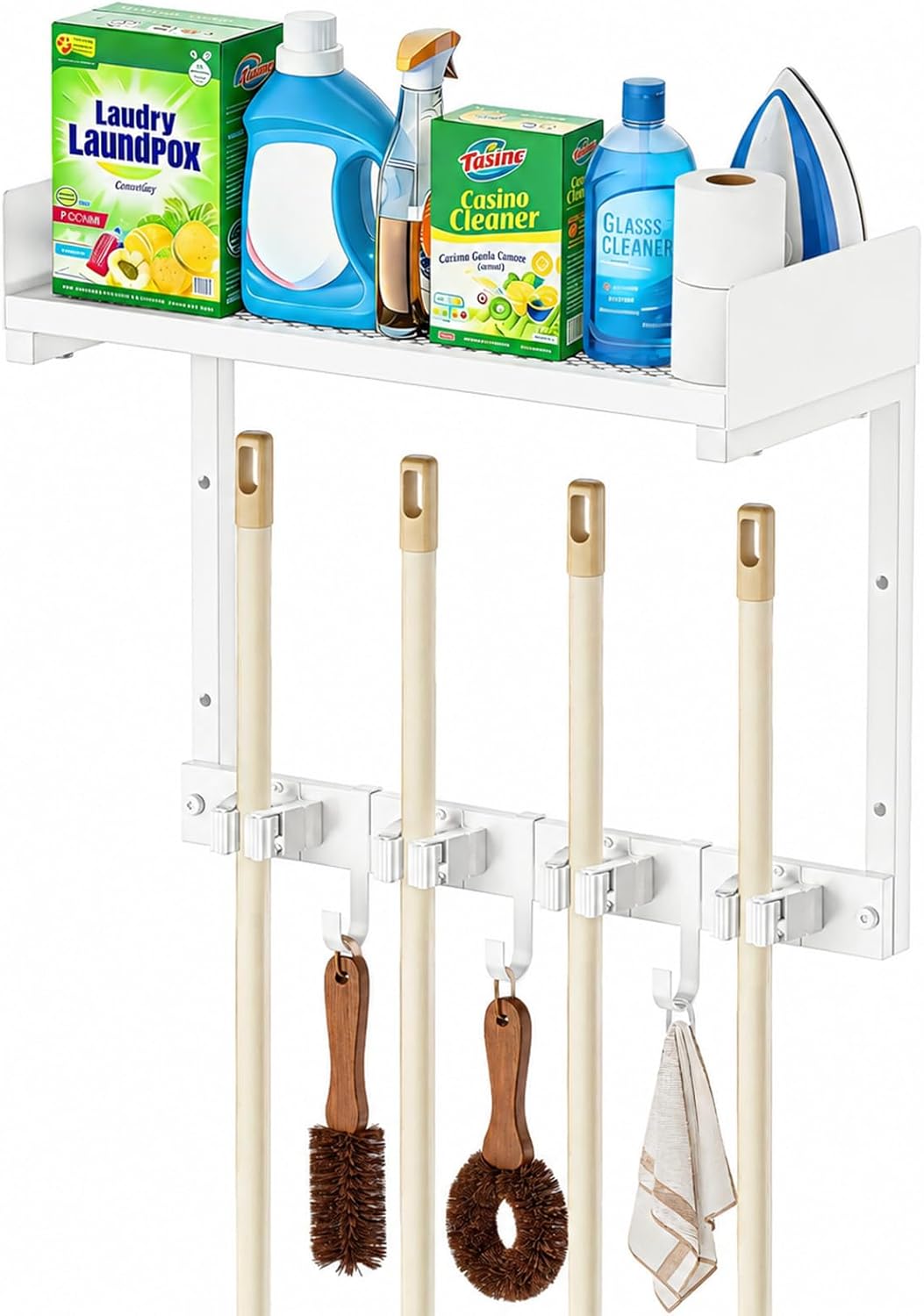 27" Mop and Broom Holder Wall Mount with Top Storage Shelf & Hooks,Black | Mop Hanger Wall Mount, 5 Grippers, 5 Hooks, Wall Organizer For Laundry Room, Garage And Kitchen