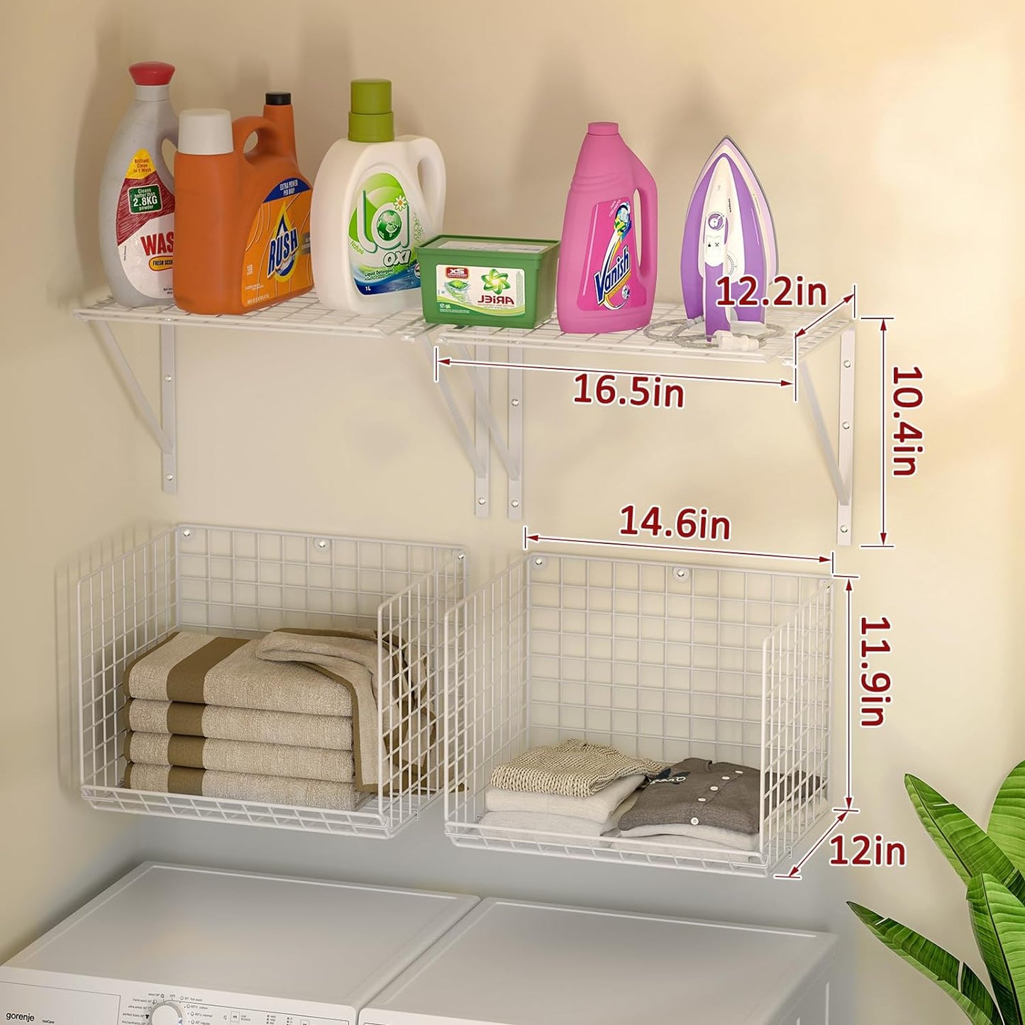 3IngSeagulls 2 Pack Laundry Room Shelves, Wire Baskets with 8 Hooks, Over Washer and Dryer Shelf, Wall Mounted Storage and Clothes Drying Rack, Black