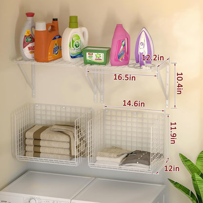 3IngSeagulls 2 Pack Laundry Room Shelves, Wire Baskets with 8 Hooks, Over Washer and Dryer Shelf, Wall Mounted Storage and Clothes Drying Rack, Black