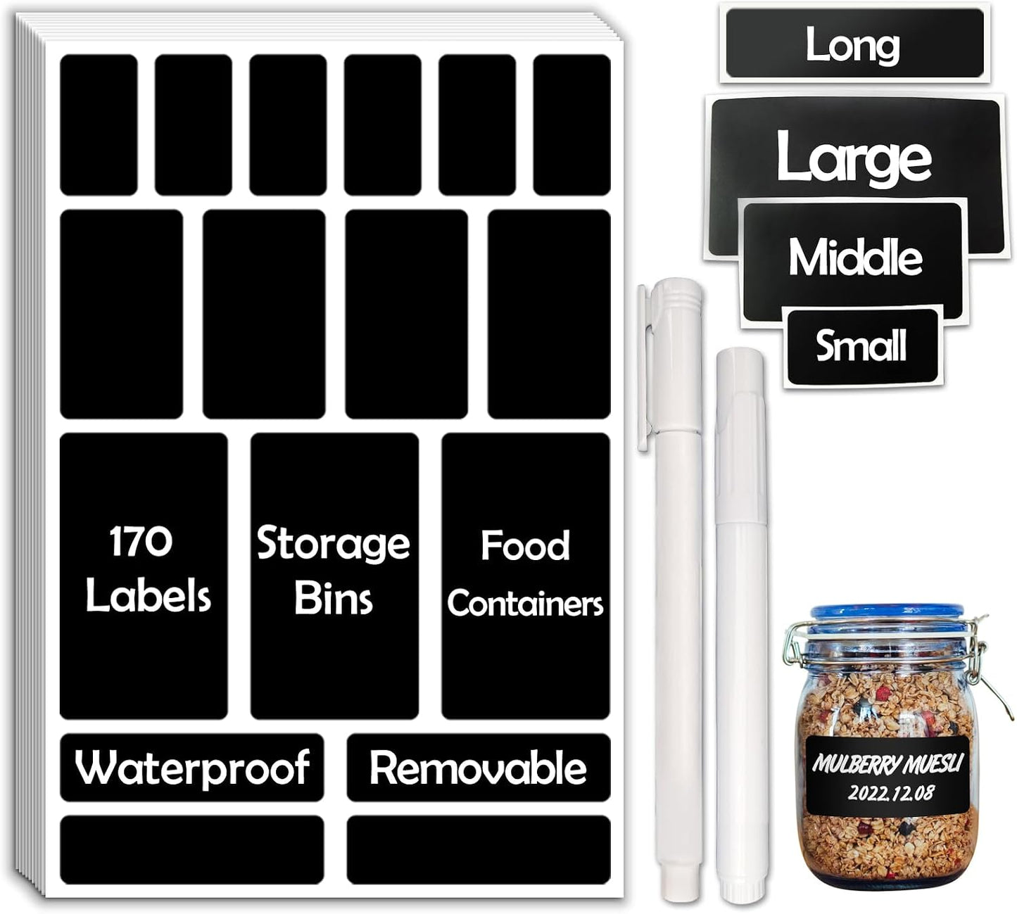 JIEHENG 170Pcs White Removable Labels for Jars with 2 Liquid Chalk Marker | Easy peel off,Self Adhesion Labels stickers for Storage Bins,Food Containers