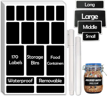 JIEHENG 170Pcs White Removable Labels for Jars with 2 Liquid Chalk Marker | Easy peel off,Self Adhesion Labels stickers for Storage Bins,Food Containers