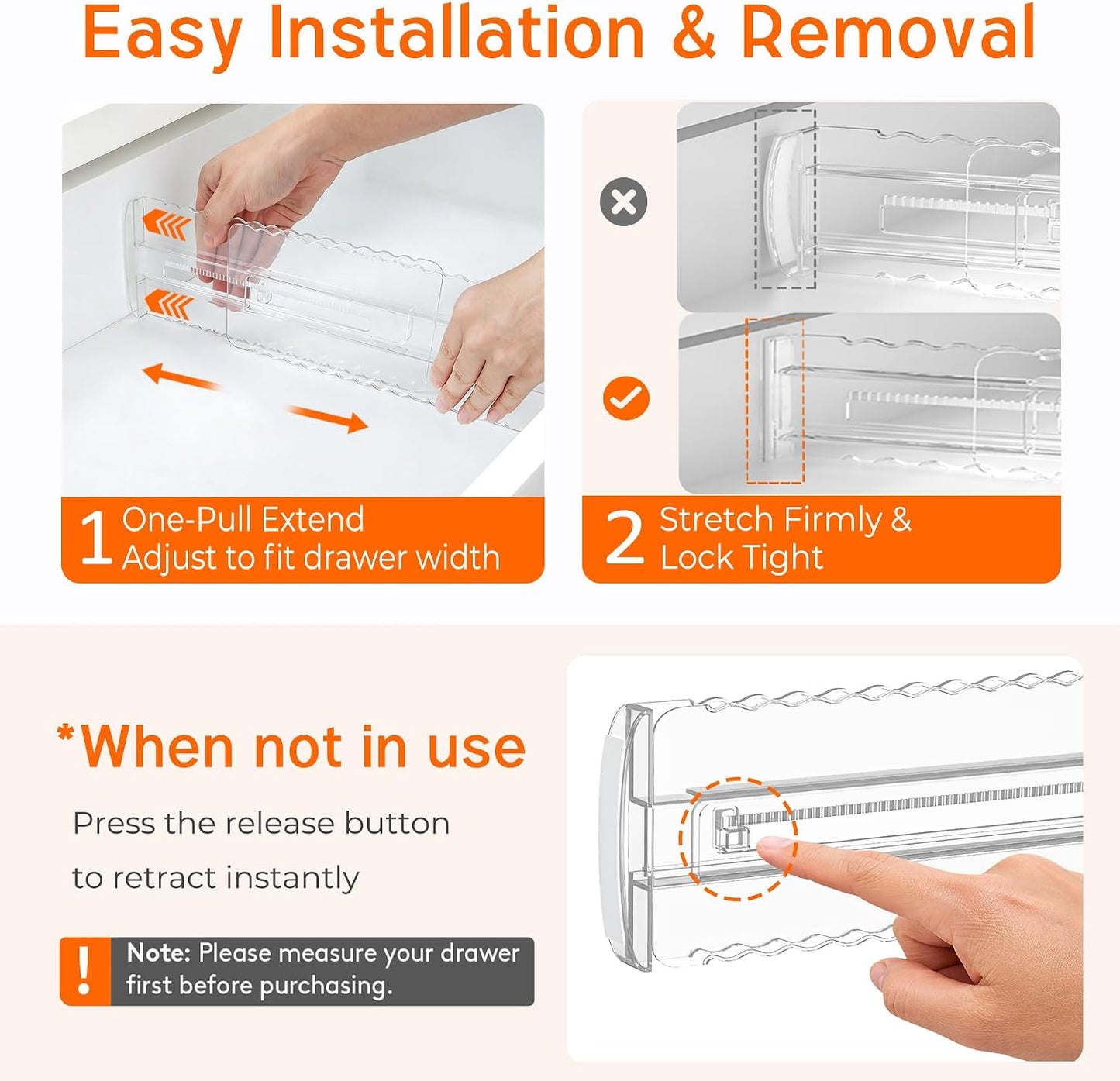 4 Pack 4" High Drawer Dividers for Clothes, 10.2"-16.5" Expandable | Dresser Drawer Organizers, Adjustable Plastic Clear Drawer Separators for Kitchen, Baby Clothing, Socks & Underwear Storage