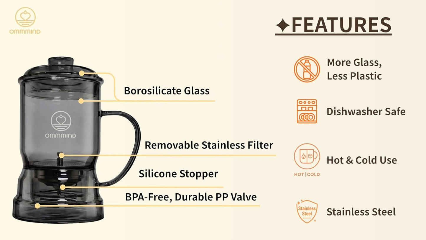 Glass Tea Infuser, Easy Drain for Loose Leaf, 15.2 oz, Black | Fits rims under 3.15 in; set on mug to drain, lift to stop, helps limit bitterness. Dishwasher safe; tea bags, herbs, coffee