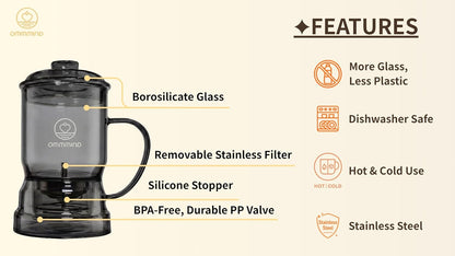 Glass Tea Infuser, Easy Drain for Loose Leaf, 15.2 oz, Black | Fits rims under 3.15 in; set on mug to drain, lift to stop, helps limit bitterness. Dishwasher safe; tea bags, herbs, coffee