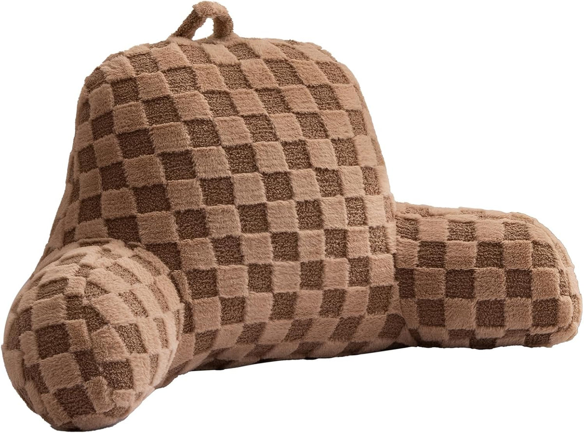 Aimuan Reading Pillow Checkered Bed Rest Wedge Backrest Checkerboard Pillow with Arms Back Support for Sitting Up in Bed Cushion Incline Rest Sleeping Snoring Pillow (Beige,Large)