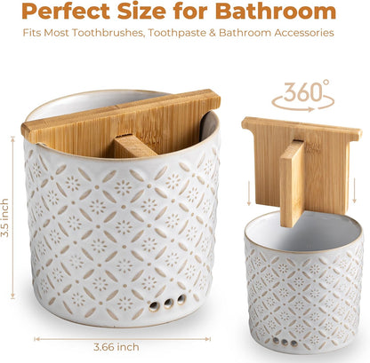 Zoeeker Toothbrush Holder with Drainage, Ceramic Toothbrush Holders Set | Electric Toothbrush & Toothpaste Holder for Bathrooms Self-draining Tooth Brush Cup Countertop Organizers for Family, Yellow