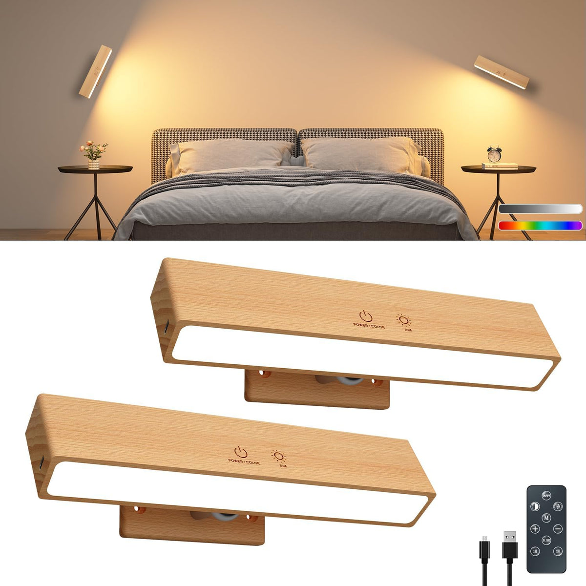 Rechargeable Wood Wall Lights with Remote & Touch, 5200mAh Battery Operated Wall Sconce 3 Color Temperatures & RGB. Magnetic, Stick-On, Dimmable Wall Reading Lamp for Bedroom, Living Room, Picture