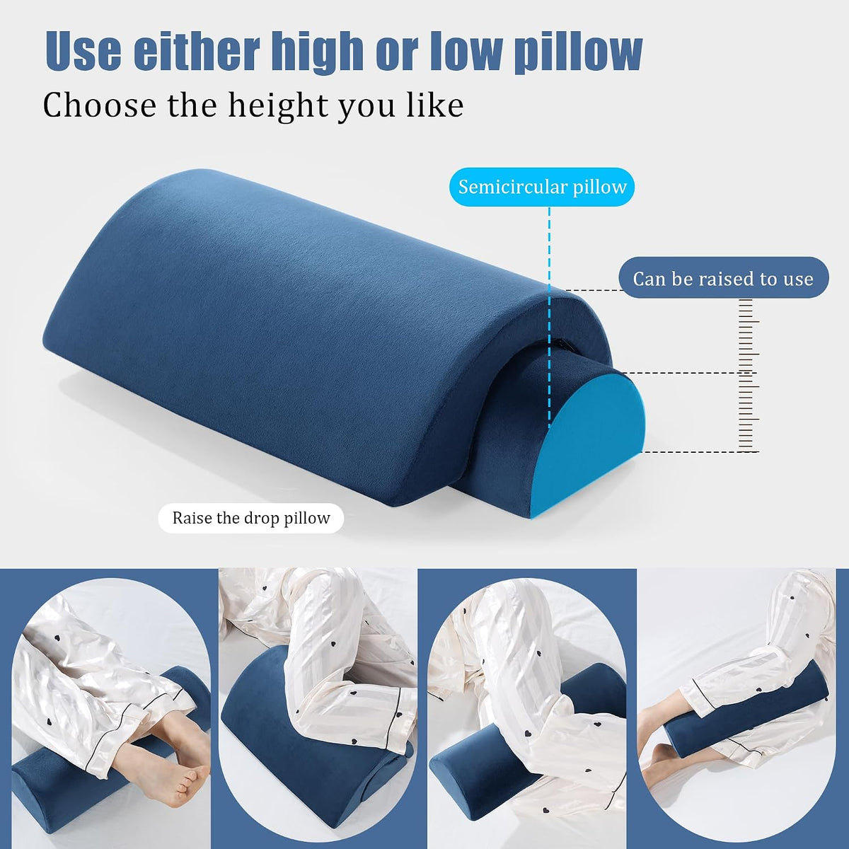 ROYALAY Half Moon Bolster Knee Pillow for Legs, Knees, Lower Back and Head, Adjustable Semi Roll Round Lumbar Support Pillow for Bed Sleeping, Health Large Half Moon Pillow for Reduce Pressure,Gray