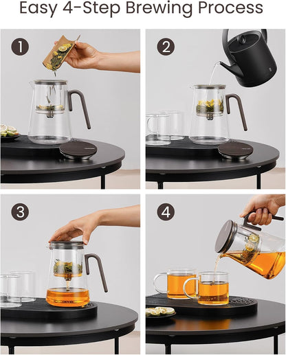 ZENS Magnetic Glass Infuser Teapot for Loose Tea, 27oz Walnut Wood Handle | Magic Teapot with Infuser, Echanted Tea Maker, Mess-Free Loose Leaf Tea Diffusers for Tea lover Gifts