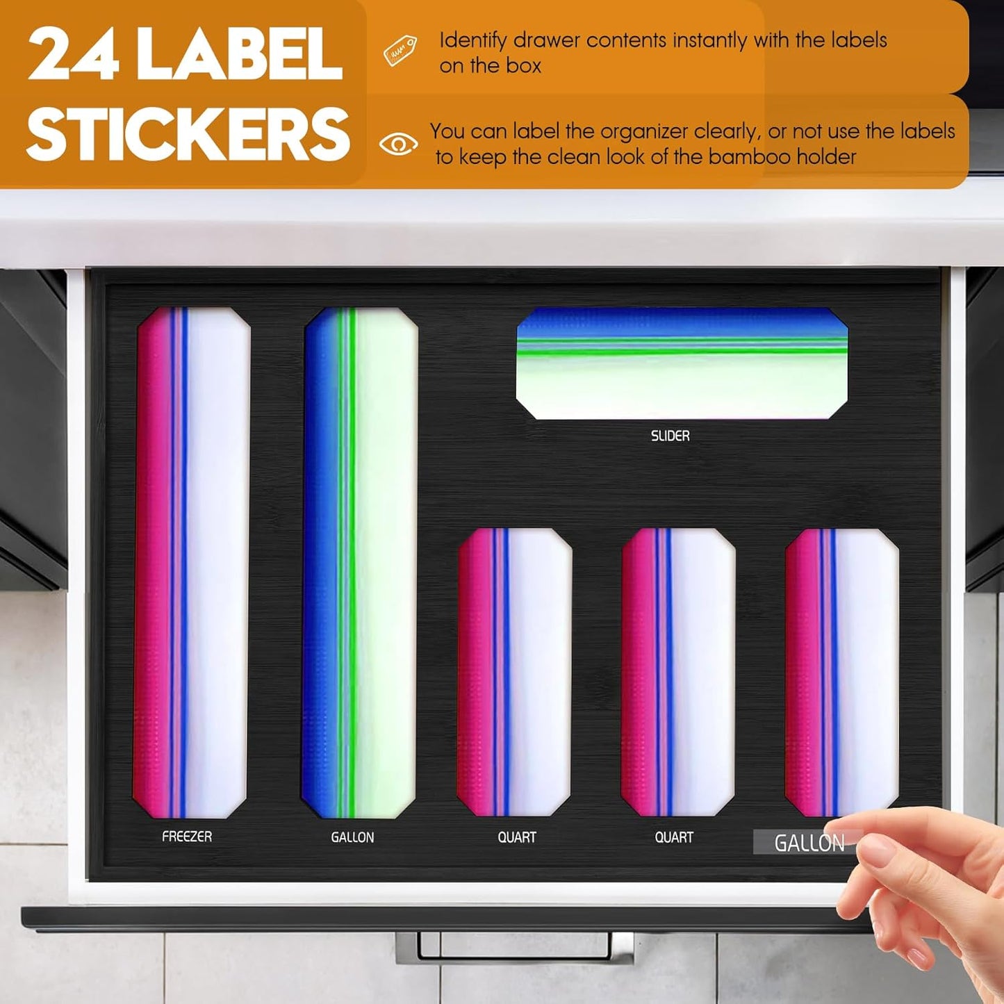 9 in 1 Foil and Plastic Wrap Dispenser with Cutter, Black Bamboo Ziplock Bag Organizer for Drawer - Holds Gallon, Quart Bags & Aluminum Foil/Wax Paper, Wall Mountable Kitchen Storage