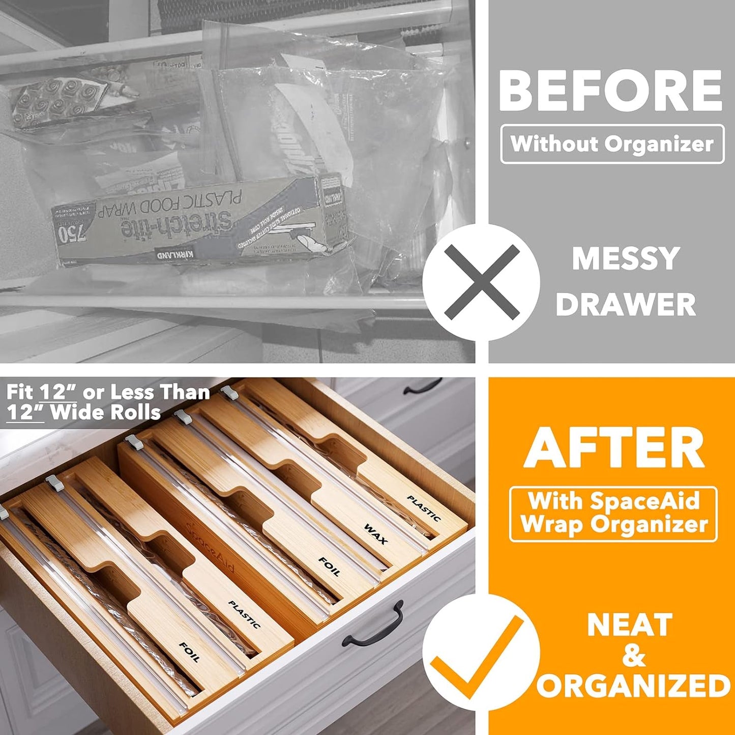 SpaceAid WrapNeat 2 in 1 Wrap Organizer with Cutter and Labels, Plastic Wrap, Aluminum Foil and Wax Bamboo Dispenser for Kitchen Storage Organization Holder for 12" Roll (Natural)