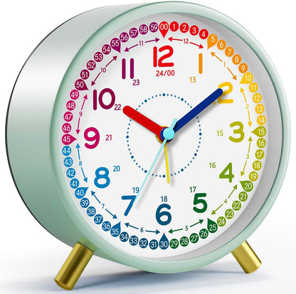 Kids Alarm Clock, Silent Non-Ticking, Analog Learning Clock for School Beginners, Stylish Round Metal Clock, Easy to Read, Battery Operated, Loud Ringing Back to School Gifts