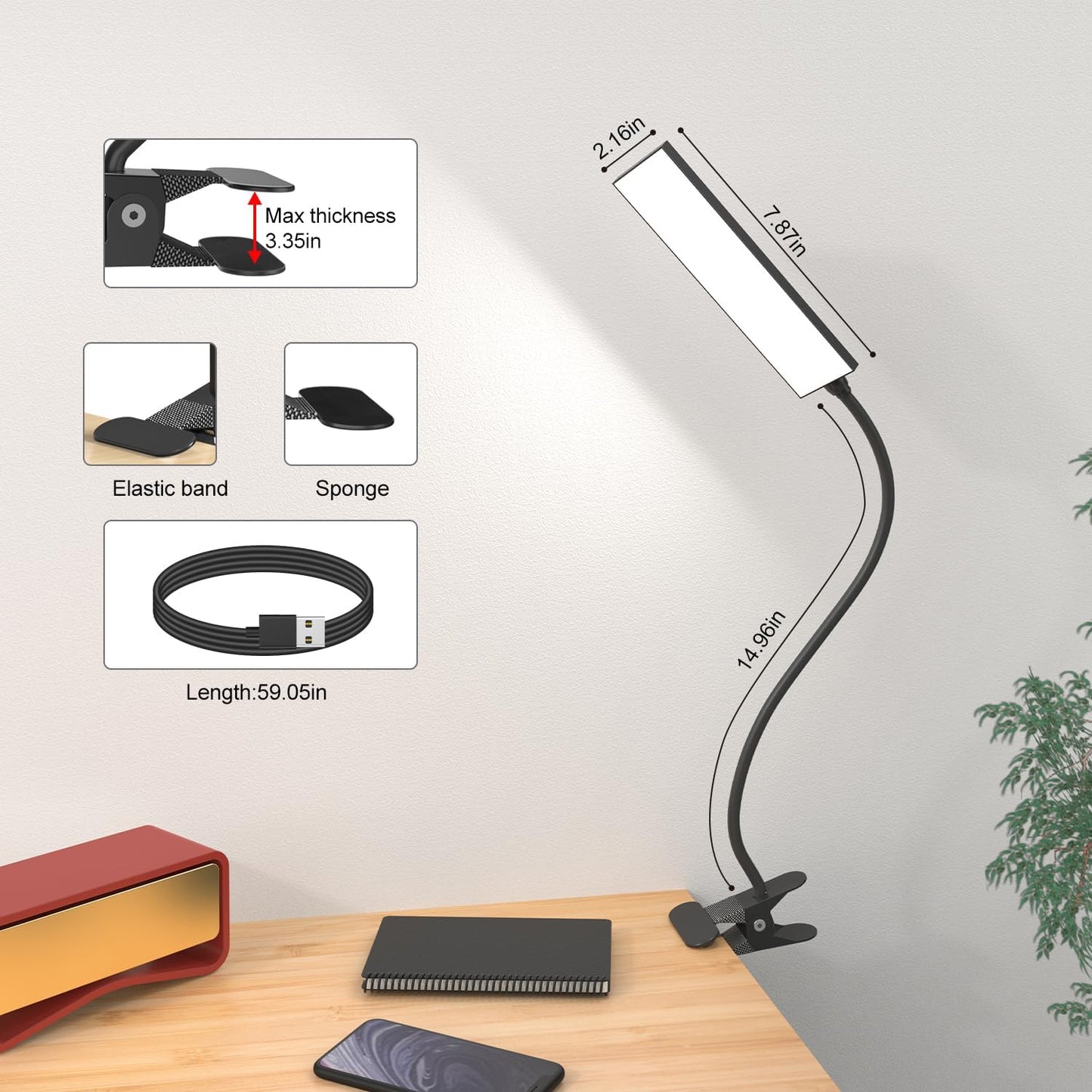 Clip on Desk Lamp, 5W LED Reading Light, 400 Lumens Book Light, 3 Color Modes 6 Brightness Levels, USB Powered Adjustable Neck Lamp for Desk, Bedside, Study, Office