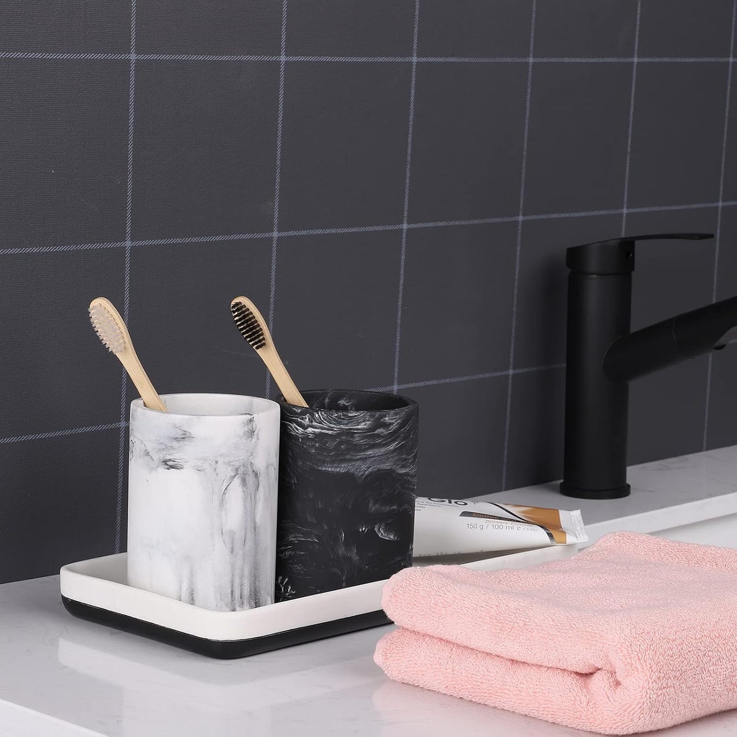 Marble Look Toothbrush Holder for Bathroom Countertop Organizer, Holds Toothpaste, Dental Floss, Razor, Comb, Makeup Brushes, and More, Stylish Bathroom Accessory for Tooth Brushing Essentials