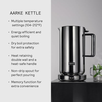 Aarke Kettle - Electric Water Boiler, 1.2L (40oz), Stainless Steel | Temperature Control, Non-Drip Spout, Double-Wall Construction, Dry Boil Protection, Heat-Safe Handle, LED Cool-Down Indicator