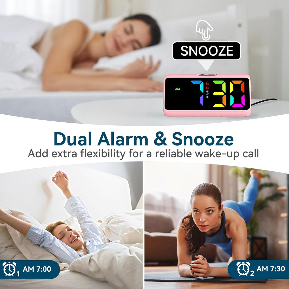 Netzu Loud Alarm Clock for Heavy Sleepers, RGB Alarm Clocks for Bedrooms Seniors Kids, Plug in Digital Clock with 5 Dimmers, 2 Alarms, 4 Volumes and Snooze