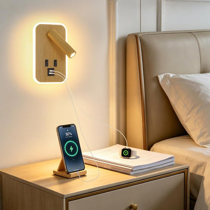 Plug in Wall Sconce with Wall Mounted Reading Lights with Switch | Wall Lamp for Bedroom with Charging Station USB C+A Ports,Bunk Bed Lights with 3W+9W Night Light,Walnut Color Reading Light