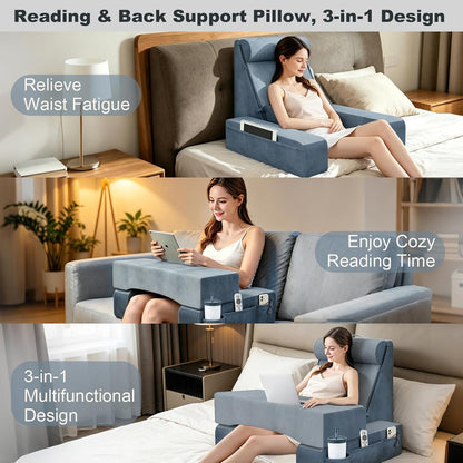 COZEER 3‑in‑1 Reading Pillow for Bed with Sponge Lap Desk & Lumbar Support | Adjustable Lumbar Support & Headrest, Dual-Side Zoned Storage, Detachable Armrest Design for Reading Gaming Home Office