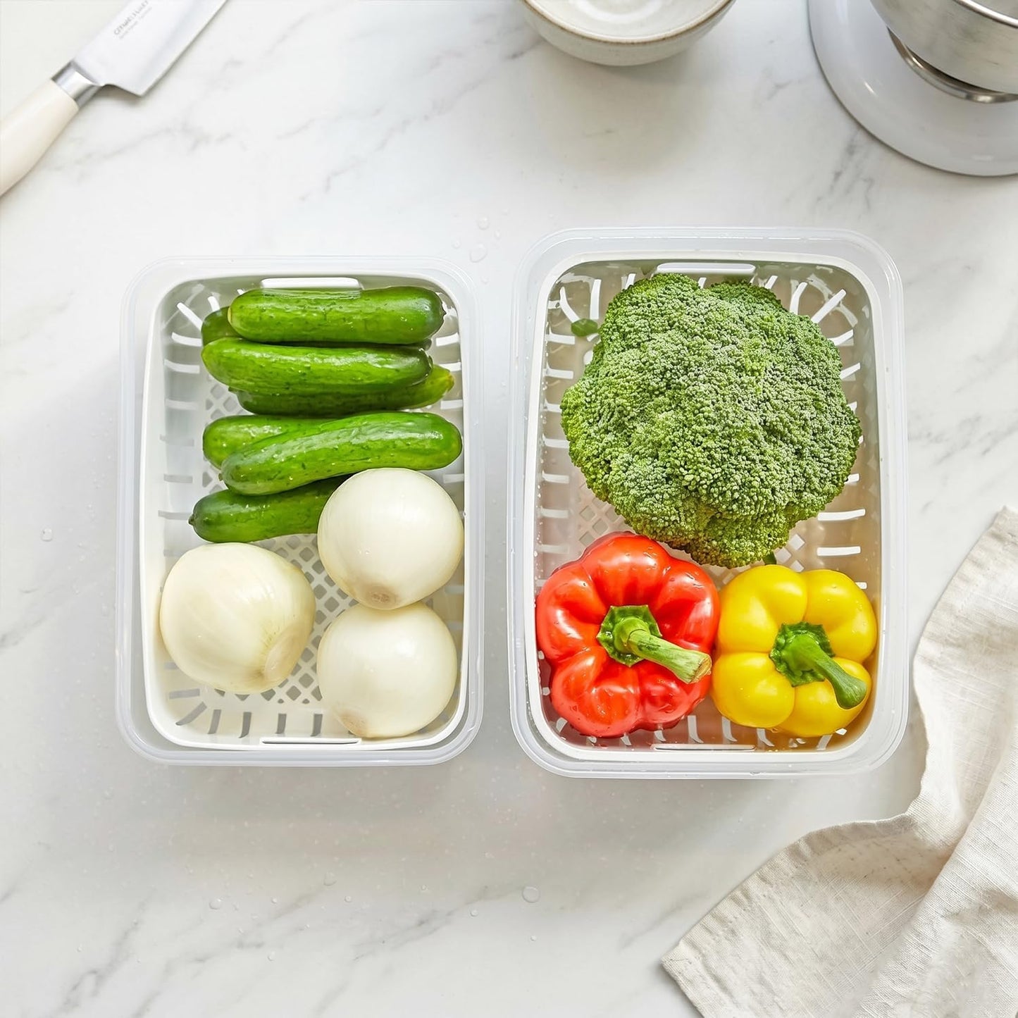 11.4 Cup Produce Saver Container for Fridge with Colander 2.7L | Airtight Fruit & Vegetable Storage Bin, Removable Strainer Basket, BPA-Free, Stackable, White Colander