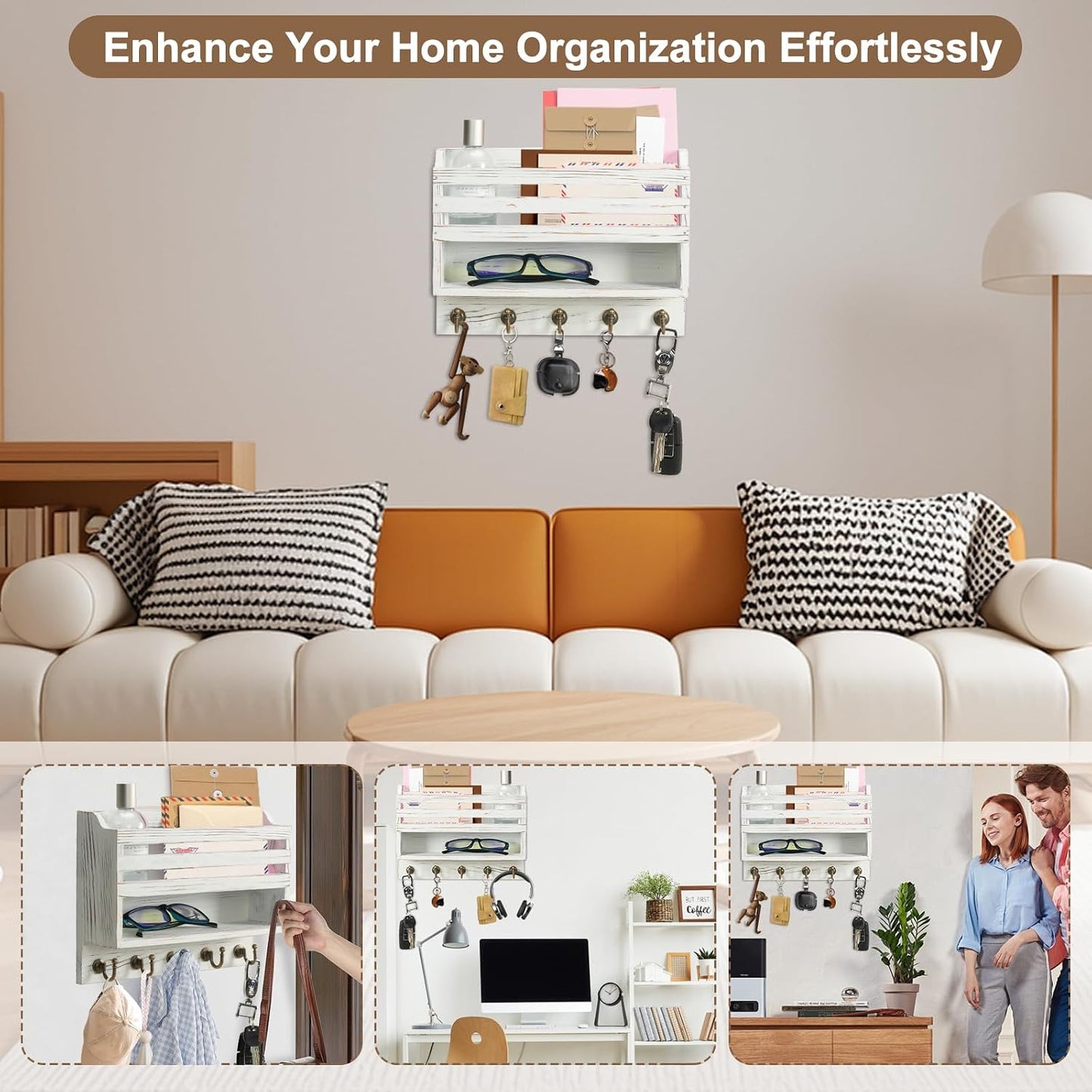 Key Holder Wall Mount with Mail Organizer, 5 Key Hooks, Brown | Wood Mail Organizer Wall Mounted with 5 Key Hooks & Storage Box and Mail Organizer for Entryway, Apartment, Home and Office