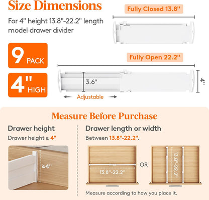 Lifewit 9 Pack 4" High Drawer Dividers, Adjustable Drawer Organizer Clothes | 10.5"-16.5" Expandable White Plastic Separators for Dresser, Kitchen, Cabinet, Nursery, Office, Socks & Underwear Storage