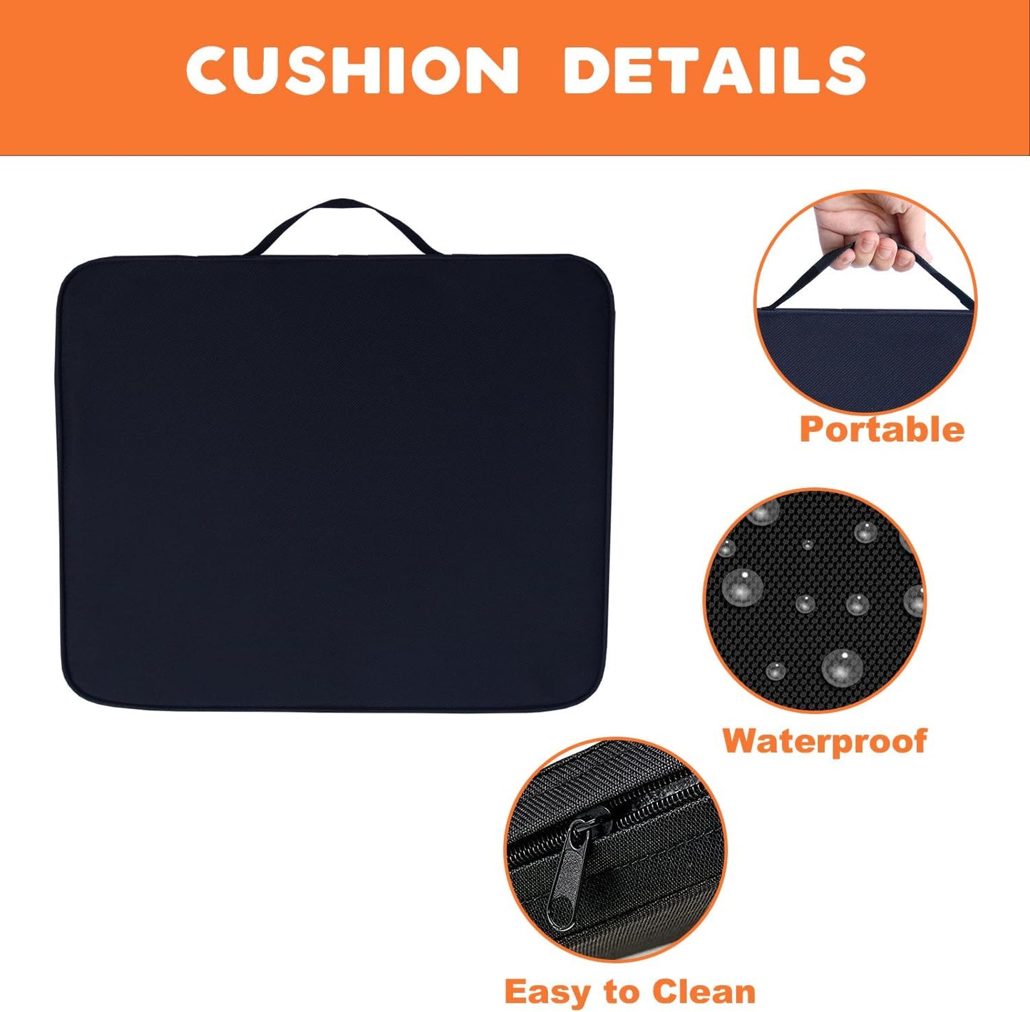 2 Pack Heated Black Stadium Seat Cushions for Bleachers, Extra Thick 2.4" Waterproof 600D Oxford Cushion with Handle & Zipper, Portable Indoor Outdoor for Sports Events, Office Chairs, Beaches