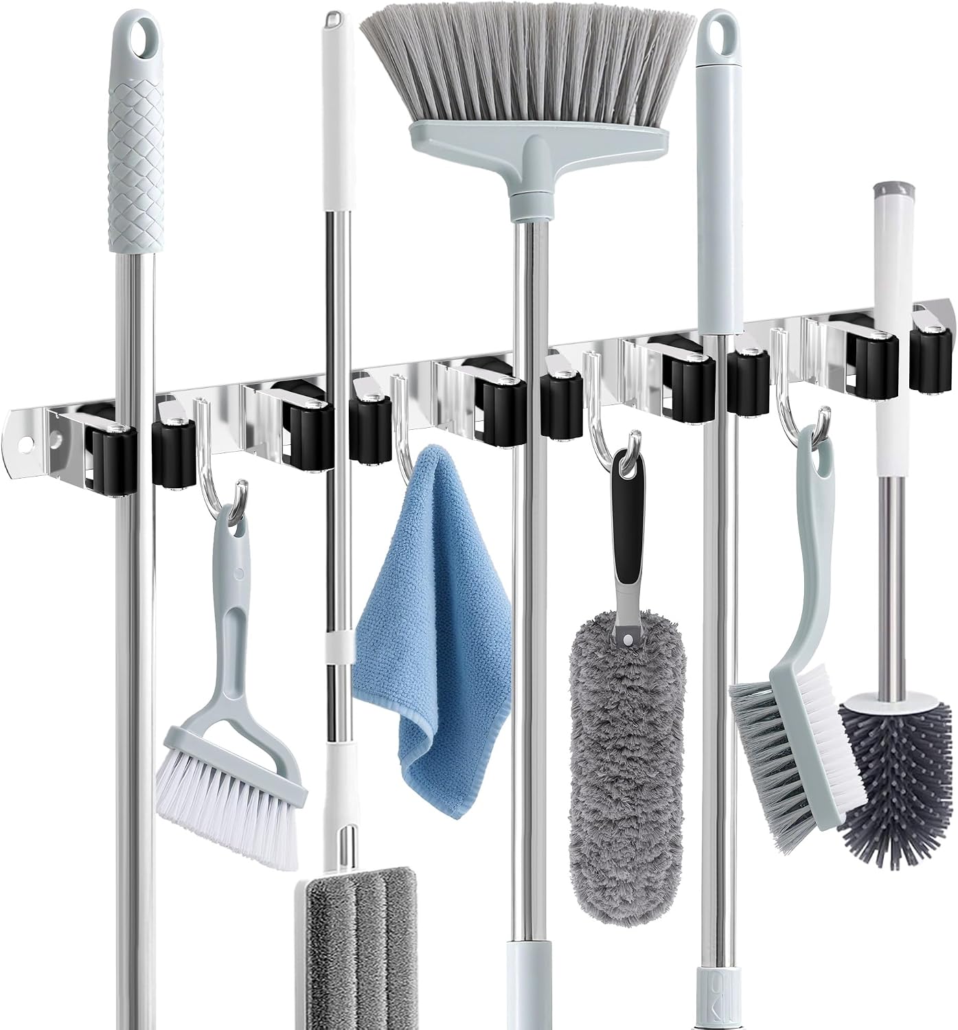 HANZENMA Broom Holder Wall Mount, Broom Organizer Wall Mount Stainless Steel Broom and Mop Hanger Heavy Duty Storage Organization for Home Kitchen Garden Garage Room 5 Racks 4 Hooks