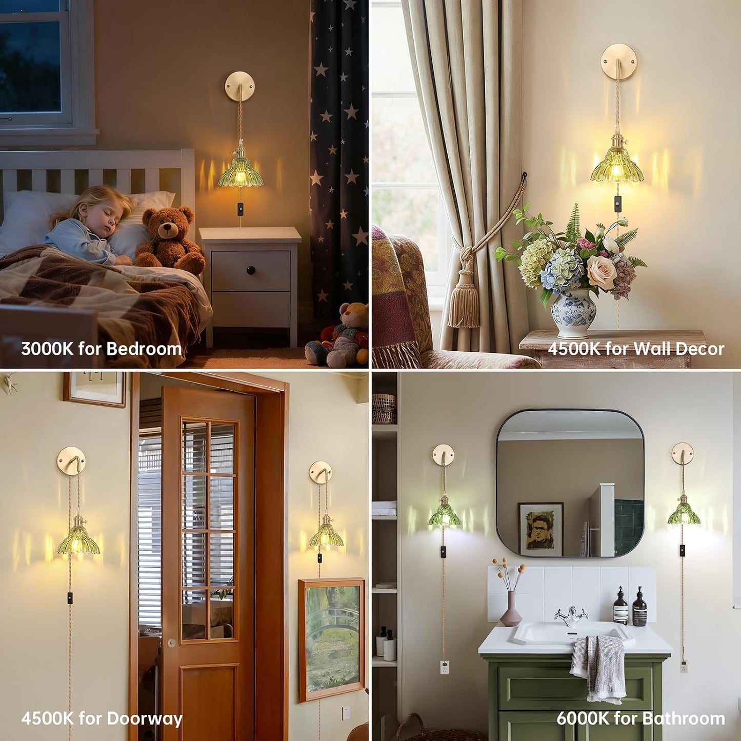 Shenmoyl Battery Operated Wall Sconce Wall Lamp with Green Lily of the Valley Shade Pattern Glass Adjustable Chain Retro Gold Wall Mounted Light, Modern Wall Lamp Fixtures Decor for Bedside Bedroom