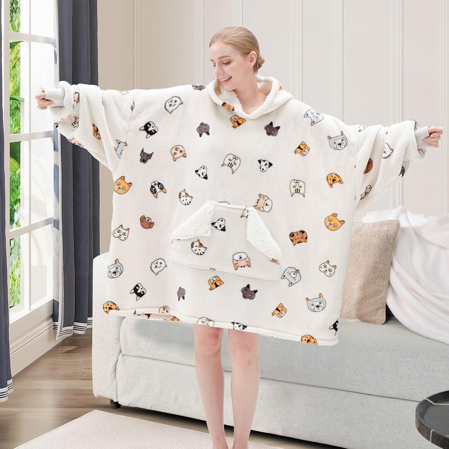 Wearable Blanket Hoodie, Oversized Sherpa Fleece Sweatshirt Blanket with Giant Hood Pocket and Sleeves for Adult, Warm & Cozy Grey Blanket Gifts for Women