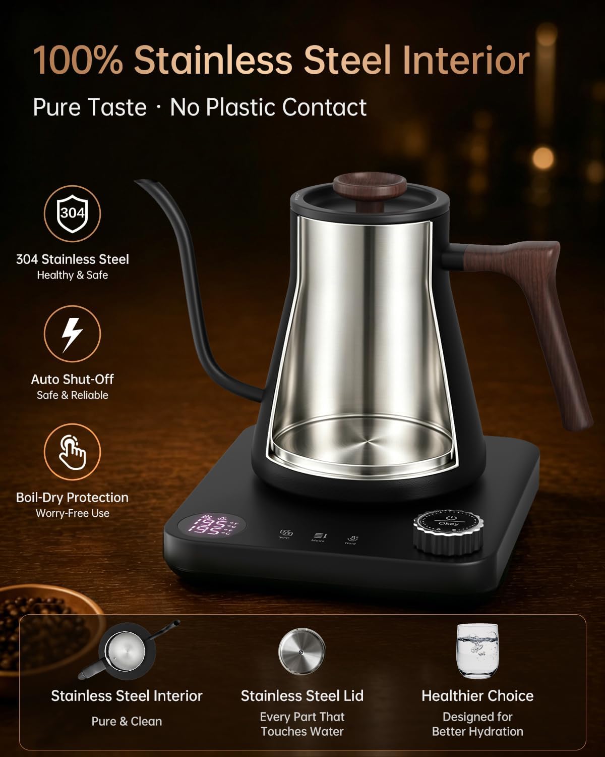 Gooseneck Electric Kettle with Temperature Control, 0.9L, Black | ±1°F Precision Pour Over Kettle, LCD Dual Display, Smart Two-Stage Heating, 2H Keep Warm, 304 Stainless Steel Interior