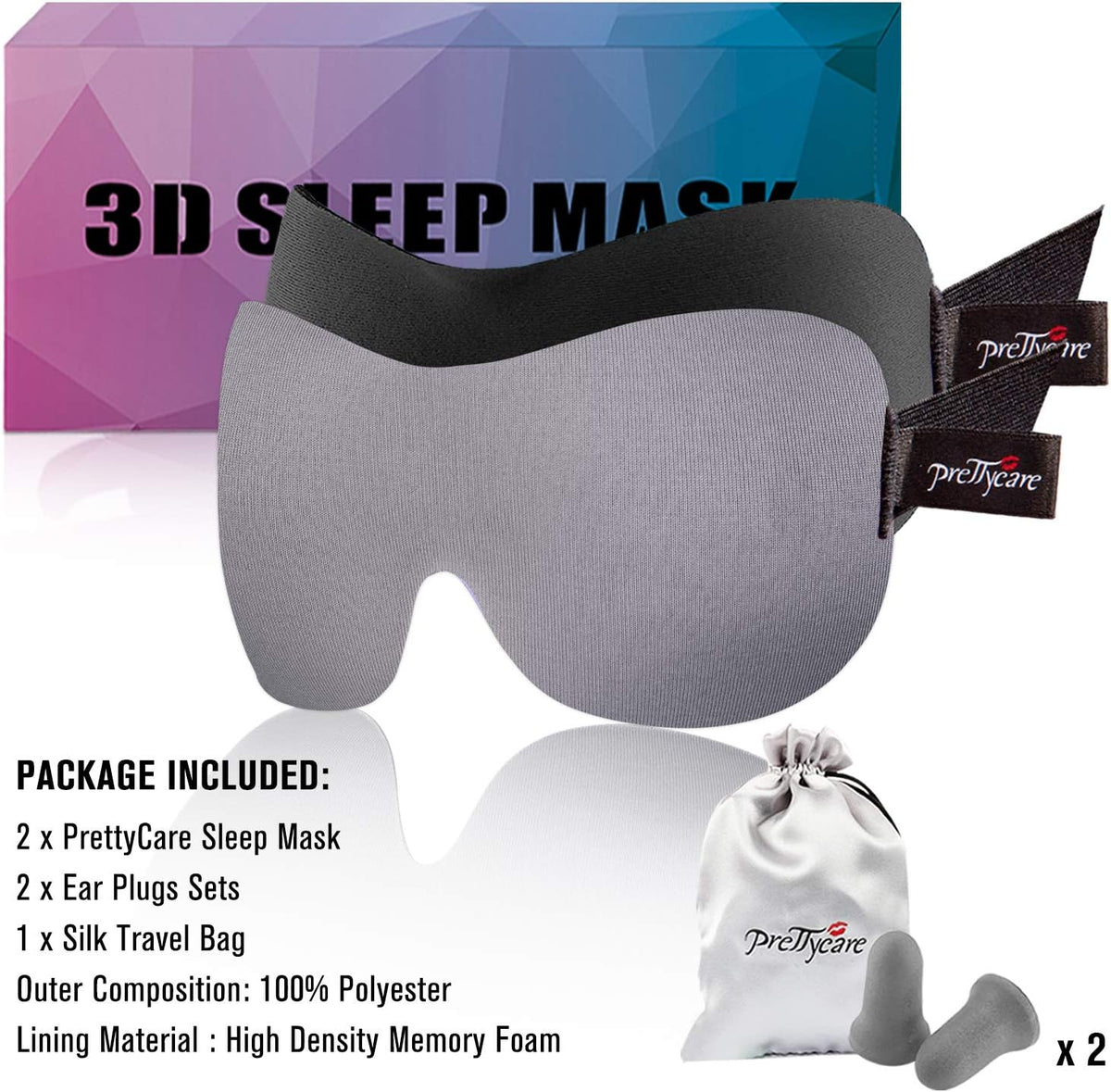 PrettyCare 3D Sleep Mask 2 Pack,Eye Mask for Side Sleeper 3D Contoured Sleeping Mask Blackout Out for Men- Blindfold Airplane with Ear Plugs, Night Masks with Travel Bag (Black&Blue)