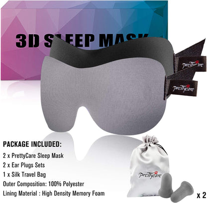 PrettyCare 3D Sleep Mask 2 Pack,Eye Mask for Side Sleeper 3D Contoured Sleeping Mask Blackout Out for Men- Blindfold Airplane with Ear Plugs, Night Masks with Travel Bag (Black&Blue)