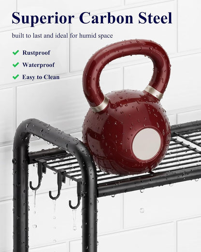 Kitsure Over Toilet Storage Rack, 63.2" H Space-Saving, Holder & Hooks | Bathroom, Laundry Room, Small Spaces, Families, Durable Metal, Black, 3 Tier
