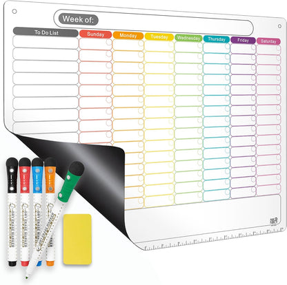 Magnetic Calendar for Fridge, Dry Erase Weekly Planner, 13" x 16.9" | Strong Magnetic Hold, Vertical Weekly Layout, Large Daily Spaces, Easy to Clean, Color-Coded, Dual-Magnet Markers & Eraser