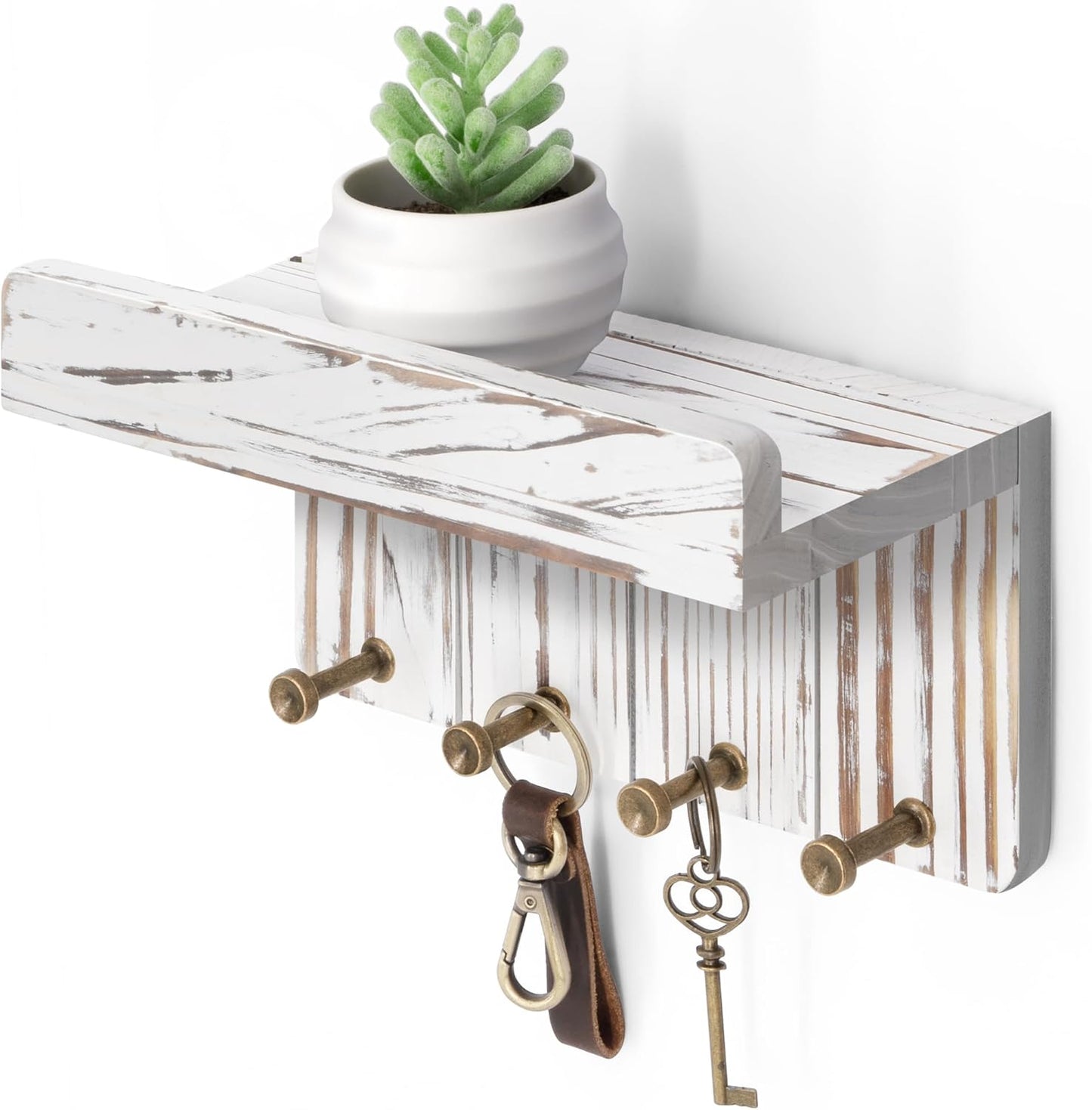 Rebee Vision Key Holder Wall Mount with Shelf for Entryway, Distressed Blue | Key and Mail Holder for Wall, Shelf, 4 Key Hooks, Farmhouse Decor, Room Decor Aesthetic, Compact Home Storage, Wall Organizer